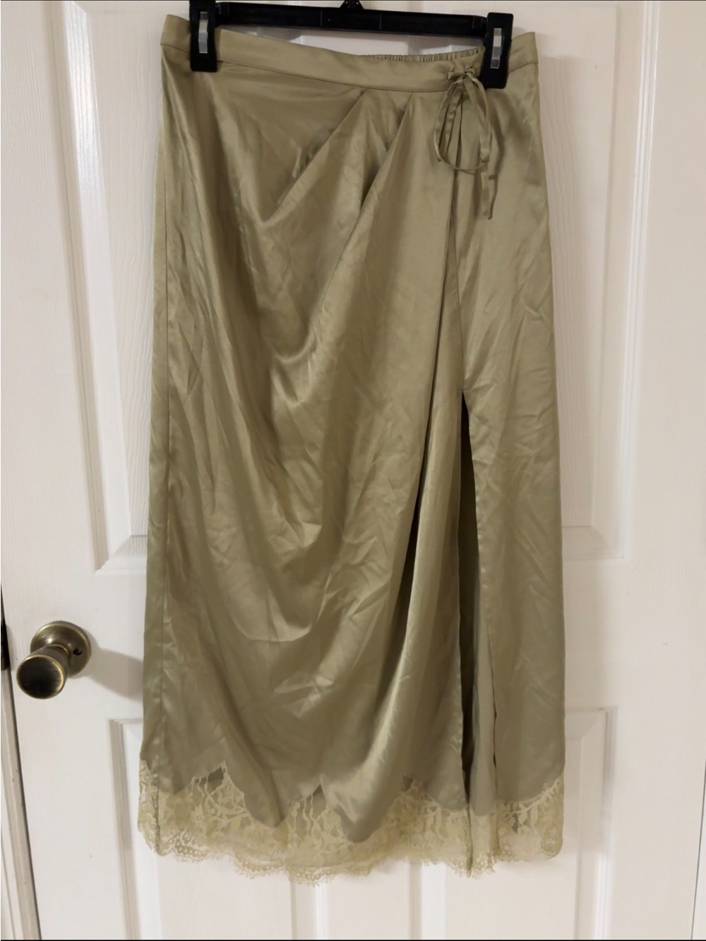 NEW aerie Olive Satin Midi Skirt with Lace Trim
